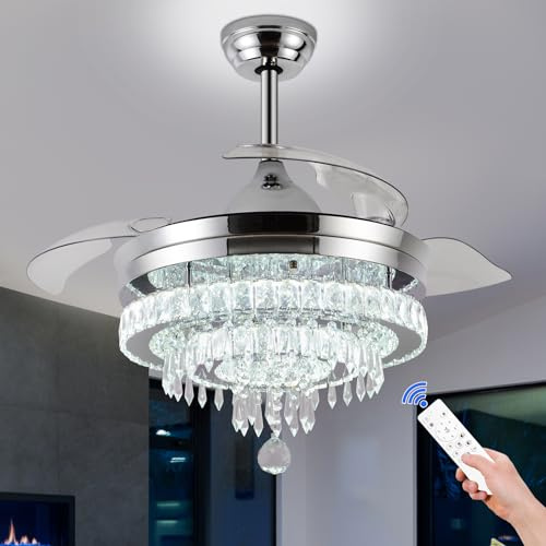 Modern Crystal Chandelier Ceiling Fan with Light - 42 inch APP & Remote Control, Retractable Dimmable Fan Lamp, 6-Speed, Timer Memory Fan Light Ceiling for Bedroom Living Dining Room (3 Blades)