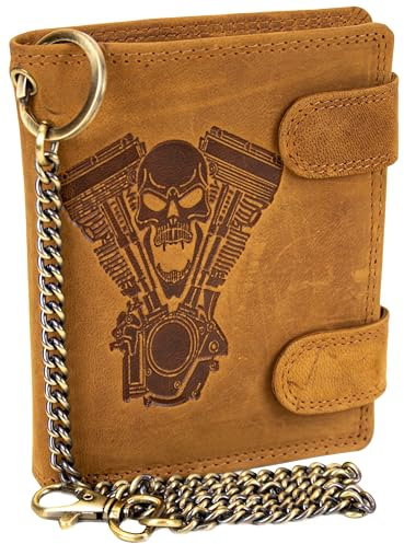 MDM Portafoglio da motociclista in vera pelle con catena in metallo e teschio con stampa a V Twin, Marrone brillante, 10.0 X 12.5 X 2.5 Centimeters, Biker