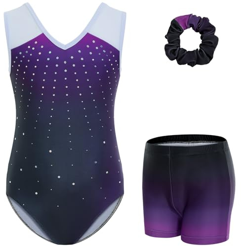 Gogokids 3-delad gymnastikklädsats för flickor, V-ringning, med glitter, leotards, för barn, med shorts och hårgummi för balett, yoga och uppträdanden, åldrar 3-12, 120(110-120 cm,6-7Y)