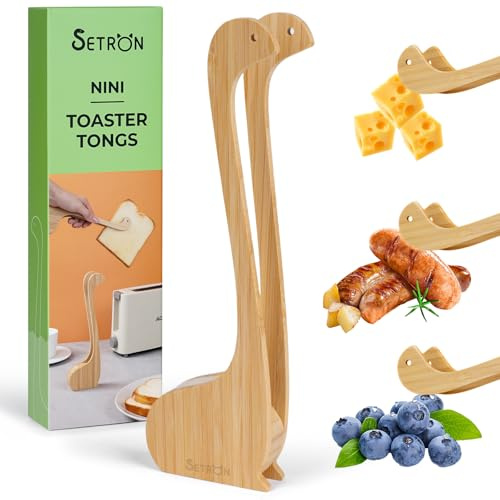 SETRON Wooden Loch Ness Toast Tongs – 10” Bamboo Toaster Tongs for Bread & Bagels, Heat-Resistant Bamboo Kitchen Tongs with Anti-Slip Grip, Cute Animal Model Design for Cooking & Serving