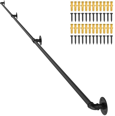 ABQ Handrails for Stairs, 3.65M Banister Hand Rails for Outdoor Steps, Industrial Metal Black Bannister Wall Mounted Railings with Fittings for Indoor Staircase
