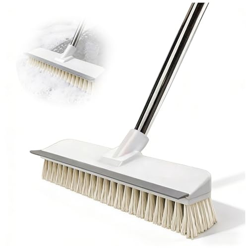 2-in-1 Floor Scrubbing Brush Indoor Magic Broom Floor Squeegee,Bathroom Cleaning Brush Squeegee,3-Section Long Handle(43IN) Stiff Scrub Bristles for Deck Garage Kitchen Garden Swimming Pool