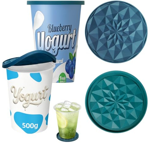 Yoghurt Pot Lids ONLY Fit 9.5cm Diameter Pots Reusable Silicone Large Tops, for 9.5cm Yogurt, Cream Pots (Dark blue/Light blue, 2)