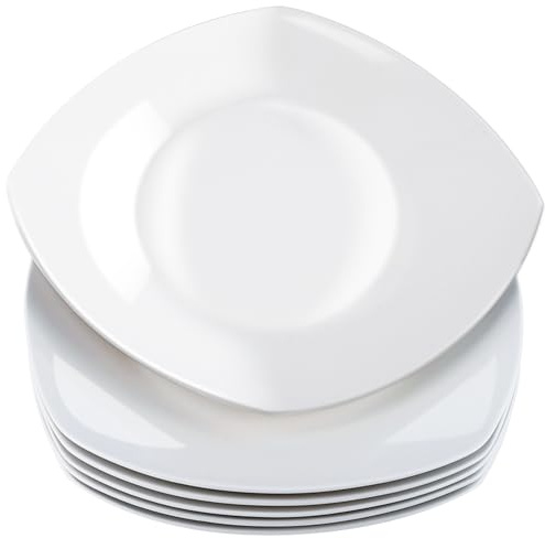 Kinmsito Juego de 6 platos llanos de porcelana, color blanco, cuadrados | 27 cm x 2,5 cm, con esquinas redondeadas, platos para tartas, microondas y lavavajillas