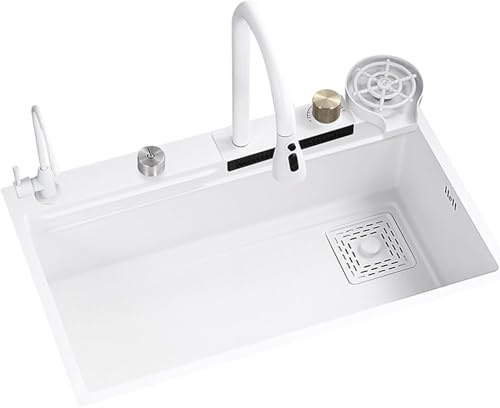 304 rostfritt stål enkel skål handfat med glas tvättställ och vattenfall bänkskiva modern köksuppgradering (68 x 45 cm)