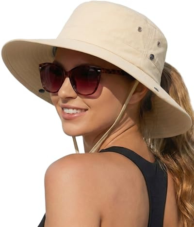 Sun Hats for Women with Ponytail Hole Wide Brim Beach Bucket Hat (Beige)