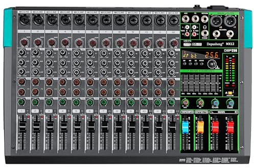 Depusheng MX12 12 Channel Sound Mixer Audio Mixing Console 48V 256DSP Professional USB PC Play Record Podcast Live Broadcast (US MX12)