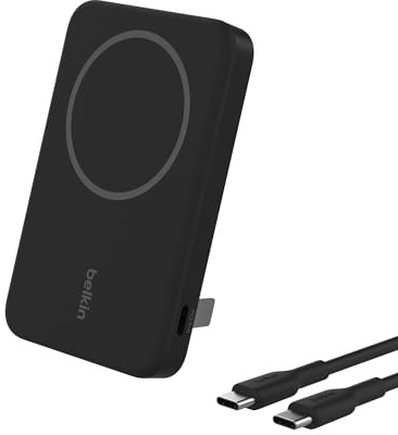 Belkin BoostCharge Pro Batería Externa Inalámbrica de 5000mAh con Qi2, Cargador portátil Compatible con MagSafe + Soporte Caballete, batería portatil para Phone 16, iPhone 15, 14, 13 y Otros, Negro