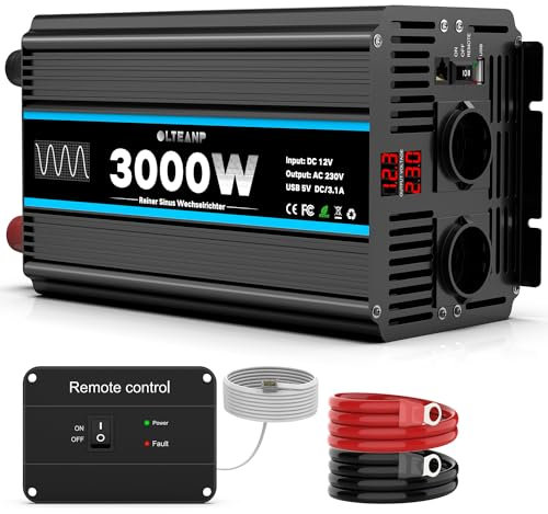 OLTEANP Wechselrichter 12V auf 230V Reiner Sinus 3000W Spannungswandler Umwandler Inverter mit EU Steckdosen und USB-Port -Fernbedienung und LED-Anzeige Für Wohnmobil Wohnwagen, Camping