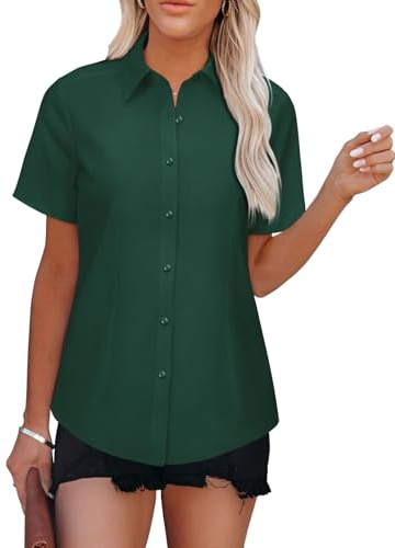 siliteelon Short Sleeve Button Down Women Wrinkle Free Collared Work Shirt | Fitted Collared Dress Shirt,Cotton Blend Solid Formal Shirts,Business Dressy Casual Tops,Professional Office Wear