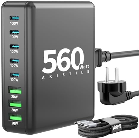 USB C Ladegerät 560W 8-Anschlüsse, AKISTILE USB Netzteil Ladestation Mehrfach PD GaN Kompatibel mit MacBook, iPhone und Samsung usw. (Schwarz)
