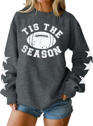 ALLTB Football Sweatshirt Women Tis The Season Shirts Football Mom Shirt Game Day Pullover Long Sleeve Tops Grey