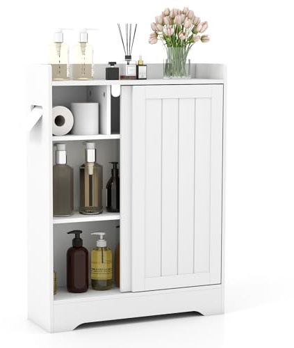 Multigot Bathroom Floor Cabinet, Slim Storage Cabinet with 2 Sliding Doors, Adjustable Shelves, Paper Holders & Brush Compartment, Freestanding Storage Organizer for Bathroom Living Room Entryway