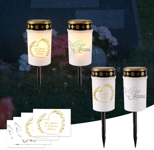 Silkwish Juego de 2 velas solares para tumba con estaca y 4 pegatinas – IP65 resistente a la intemperie – Vela LED para tumba – Velas solares para cementerio para siempre en nuestros corazones (blanco