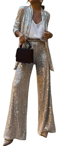 Glamidea Completo da Donna con Glitter 2 Pezzi con Paillettes Comodo Set Pantalone Business Unicolore Elegante Set per Festivi Blazer a Maniche Lunghe e Pantaloni a Vita Alta per Il Tempo Libero