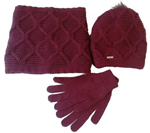 Damenmützenset 3 teilig/Set Mütze Schal Rundschal Handschuhe Strickmützen Bommel (Weinrot)