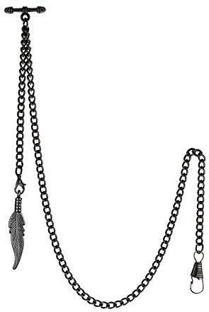 TREEWETO Men's Albert Chain Pocket Watch Curb Link Key Chain 2 Hooks with Antique Black Leaf Pendant Design Charm Fob T Bar
