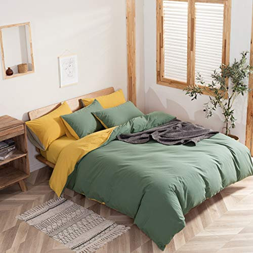 Bettwäsche Grün Gelb 135x200 Uni Weich Kuschelig Baumwolle Unifarben Wende Bettwäsche Set 2teilig 135 x 200 cm Bettbezug + 80 x 80 cm Kissenbezug Mädchen Teenager Sommer Einzelbett mit Reißverschluss