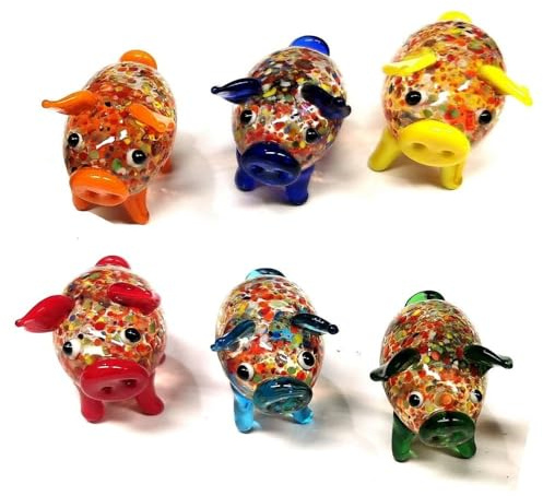 6 kleine Bunte KUGELRUNDE Glücksschweinchen aus Glas - Größe 3,5 cm - Glücksbringer für Tischdeko Silvester Geburtstag Hochzeit Give-Away - Wien-Österreich-Austria (gefleckt) 715