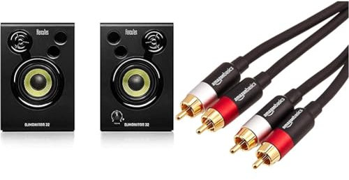 Hercules DJMonitor 32-2 Enceintes de Monitoring Actives de 15 Watts RMS chacune & Amazon Basics Câble Audio RCA 2 mâles vers 2 mâles - 2.4 m, Rouge/Blanc