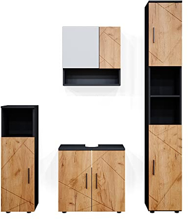 Vicco Badmöbel-Set Irma, Goldkraft Eiche/Anthrazit, 80 cm | besteht aus Waschbeckenunterschrank, Spiegelschrank, Hochschrank und Midischrank