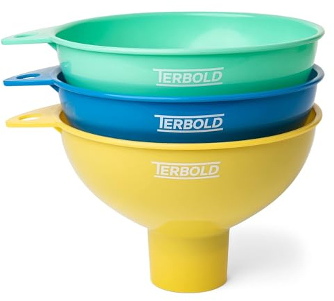 Terbold 3pc Wide Mouth Canning Funnels for Filling Bottles and Mason Jars | Large Spout Quick Fill Food Grade Plastic Funnels for Kitchen Use (Blue, Green, Yellow)