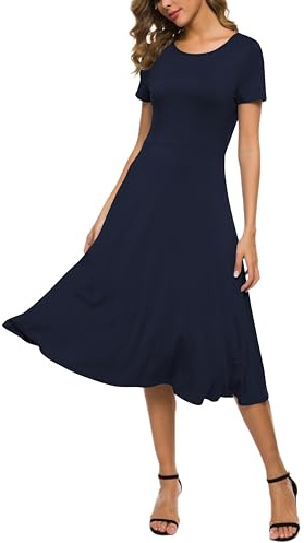 EXCHIC Damen Casual Rundhals A-Linie Kurzarm Midi Kleid Sommer Stretchy Knie Langes Freizeitkleider(XXL, Navy blau)