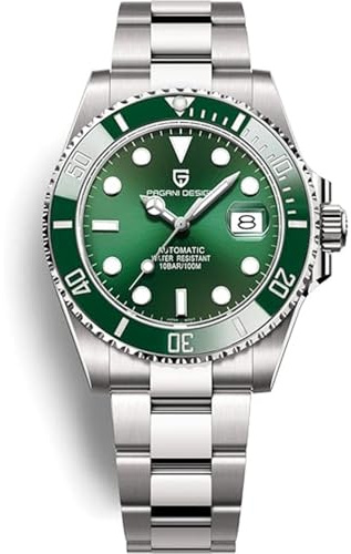 Pagani Design Men's Mechanical Luxury Ceramic Bezel 42MM Japanese Movement Stainless Steel Automatic Sapphire Glass Men's Watch 100 Metres Water Resistant (Silver Green JC-1639)
