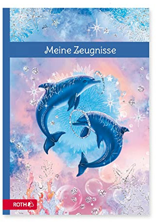 ROTH Zeugnismappe Delfine mit Glitzereffekt - mit 10 A4 Klarsichthüllen, dokumentenecht - Dokumentenmappe