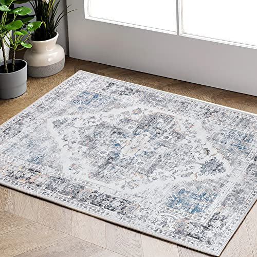 TOPICK Läufer Flur Waschbar Fußmatte Innen Grau Küche Läufer Vintage Blume Orientalischer Dünner Faltbar Teppich für Brücken Schlafzimmer Wohnzimmer Tisch Rutschfest Teppichläufer Flurteppich 60x150cm