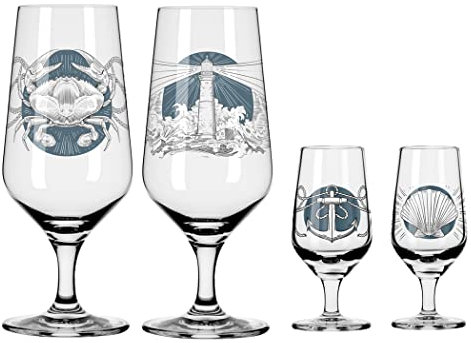 Dekomiro Set Ritzenhoff Brauchzeit Bier Pils und Schnaps Glas 4er Set Maritim mit Glasreinigungstuch
