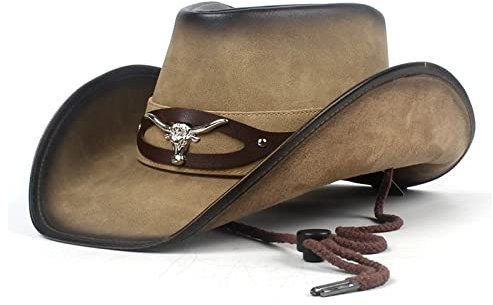 VKEID Herren Lederhut Leder Cowboyhut Damen Herren Western Sombrero Freizeithut Winddichter Seil Jazz Hut Hüte für Männer