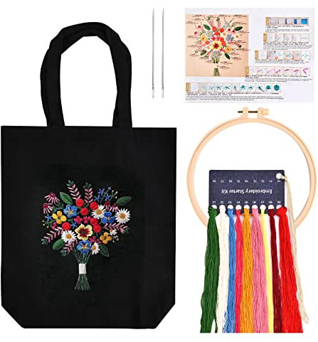 Anseom Canvas Tote Bag Stickset für Anfänger, Anfänger Stickerei Set, Kunst und DIY Bastelsets für Erwachsene, inklusive Sticktasche mit Blumenmuster, Bambus Stickrahmen, Farbfden(Schwarz)