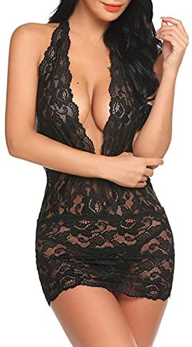 VicSec Sexy Lace Babydoll Lingerie See Through Mesh Nightdress Women Deep V Neck Chemise Nightgown Halter Backless Mini Dress Bodysuit with Thong for Ladies Pajama Bridal Sleepwear (Black, S-M)