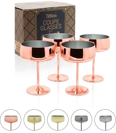 TMNOVO Cocktail Coupe Glasses, Espresso Martini Glasses Set of 4, Stainless Steel Champagne Cocktail Glasses & Mug Cups, 15 oz Mirrored Copper Martini Glass Gift Set