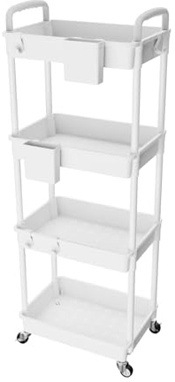 4 Tier Rolling Utility Cart with Handle,REBECAT Utility Cart Made of Multifunctional Storage Organizer Tool for Kitchen,Bathroom,Living Room,Office(White)