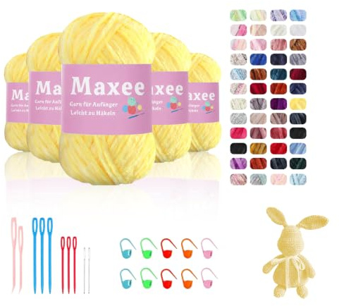 Maxee 500g(5×100g) Samtig Babywolle, Samt Chenille Garn mit Häkelwerkzeuge, Kuschelweich Velvet Chenillegarn Flauschige, Weich Plüschwolle Häkelgarn Wolle zum Stricken & Häkeln
