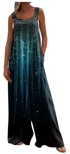 Hosenanzug Damen Festlich Hochzeit Sexy Jumpsuit Damen Latzhose Grün Damen Blumen Bedruckt Verstellbarer Riemen Weites Bein Trägerhose Leinen Jumspuit Mit Taschen Yoga Einteiler (Cyan, S)