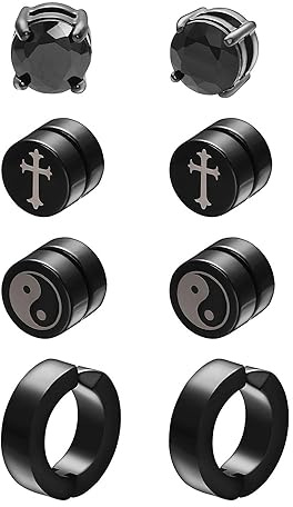 Airokiy 4 Pairs Magnetic Non Pierced Earrings For Men Fake Earrings For Men Black Clip On (8/13mm)