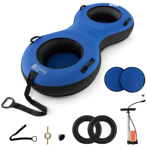 GYMAX Heavy Duty Snow Tube for Sledding, 1/2-Seat Inflatable Snow Sled with Canvas Cover, 2 Strap, Pump & Repair Kit, 0.7mm Thicker Inflatable Sledge Outdoor Winter Toys for Kids Adults (Blue-2 Seats)