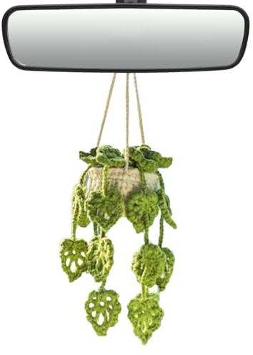 Raypontia Häkel Hängepflanze 20–25 cm,Häkel Pflanze Auto,Häkel Deko Auto, Häkelpflanze Auto, Häkelpflanze Autospiegel,Hängende Zubehör,Gehäkelte Deko,Boho,Gestrickter Anhänger(A)