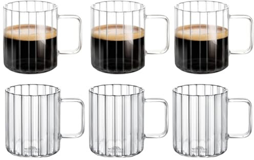 Wilmax - Verres isothermes avec anse - Lot de 6-200 ml - Verres en verre cannelé pour eau, thé, café - Verres à thé et à café - Gobelets pour boissons chaudes et froides - Lavables au lave-vaisselle