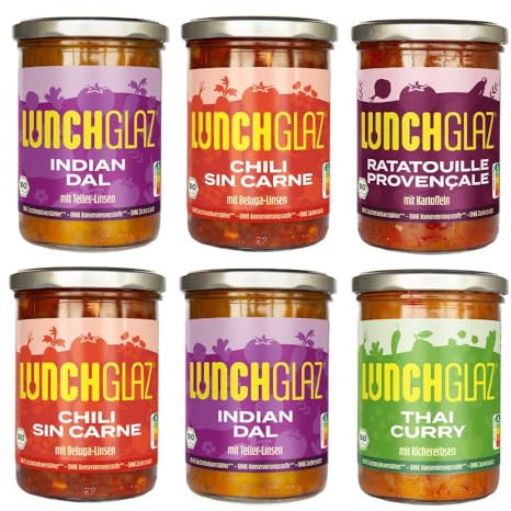 Lunchglaz | Bio-Fertiggerichte im Glas | Vegan-Box | 6x 390g | 100% Bio | Ohne Zuckerzusatz | Ohne Geschmacksverstärker | Ohne Konservierungsstoffe