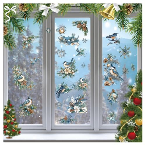craspire Weihnachtliche Winter Fensteraufkleber 8 Blatt Vögel Schneeflocken Tannenzweige Tannenzapfen Stechpalmen PVC Fensteraufkleber Selbstklebendes Dekor Für Glasfenster Zuhause Büro Küche