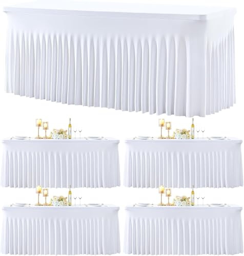 4-Pack Weiß Spandex Elastisch Tischdecke mit Rock, Faltenfreie Fitted 1.8m Rechteck Tische Weißer Stretch Tischdecken für Parteien Hochzeiten Geburtstag Bankett Baby Dusche