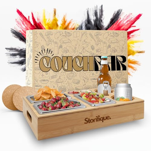 Storifique® Snackslåda för soffa – soffskydd med 3 snackskålar, 2 dippskålar, 2 mugghållare, 2 underlägg och 1 flasköppnare – perfekt för soffsnacks – snackslåda för soffa eller soffa