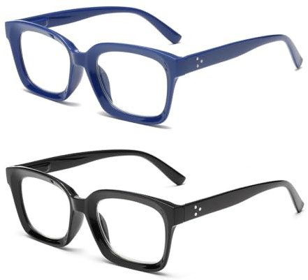 Hubeye Occhiali da lettura Donna e Uomo Quadrata Montatura Grande con Cerniere a molla Occhiali Anti luce blu (Nero+Blu, 2.50)