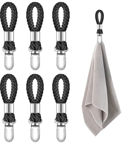 SXoonKing 6Pcs Kitchen Towel Clips, Metal Clips for Hanging with Braided Cotton Loop, Kitchen Hand Towel Holder Hook for Home Bathroom Cupboards Cloth Hanger Holder