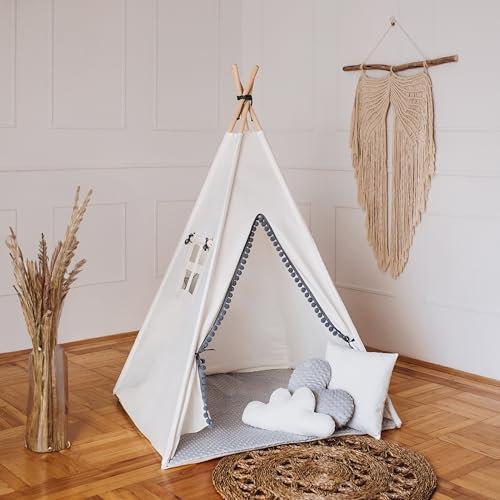 HOMECHIC Kinder Spielzelt Wigwam Premium Creme/Grauer +Hellgraue Bodenmatte + 3 Kissen Pompons 3 Kissen 110x110x150 cm Tipi Teepee Stabilisator