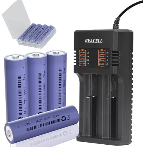 3.7 Volt Rechargeable Battery and Charger, REACELL 3000mAh Rechargeable Battery, 4 Pack Button Top NiMH High Power Long Lasting Batteries with Fast Dual USB Charger for Headlamp LED Flashlight